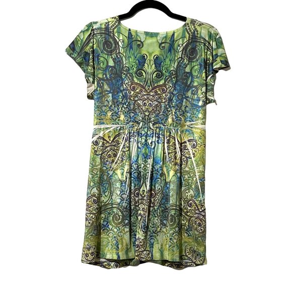 Unity flutter short sleeve  Boho green/blue print rhinestone v neck top size M - Picture 3 of 8